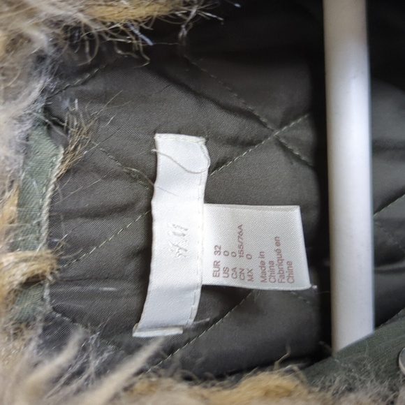 H&M Army Green Coat Faux Fur Collar Womens 0 Olive Green Jacket - Picture 7 of 15